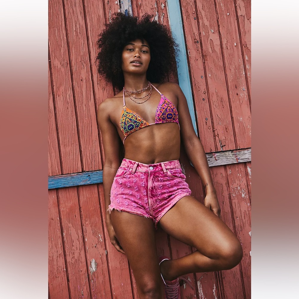 Free People We The Free Mixed Emotions Hi Lo Denim Shorts Pink Size 26 $98 NWT